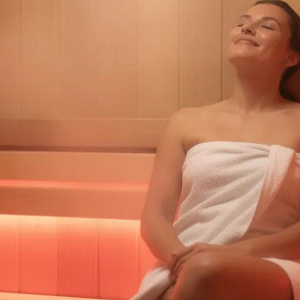 Woman relaxing in infrared sauna with red light therapy, highlighting wellness and recovery benefits