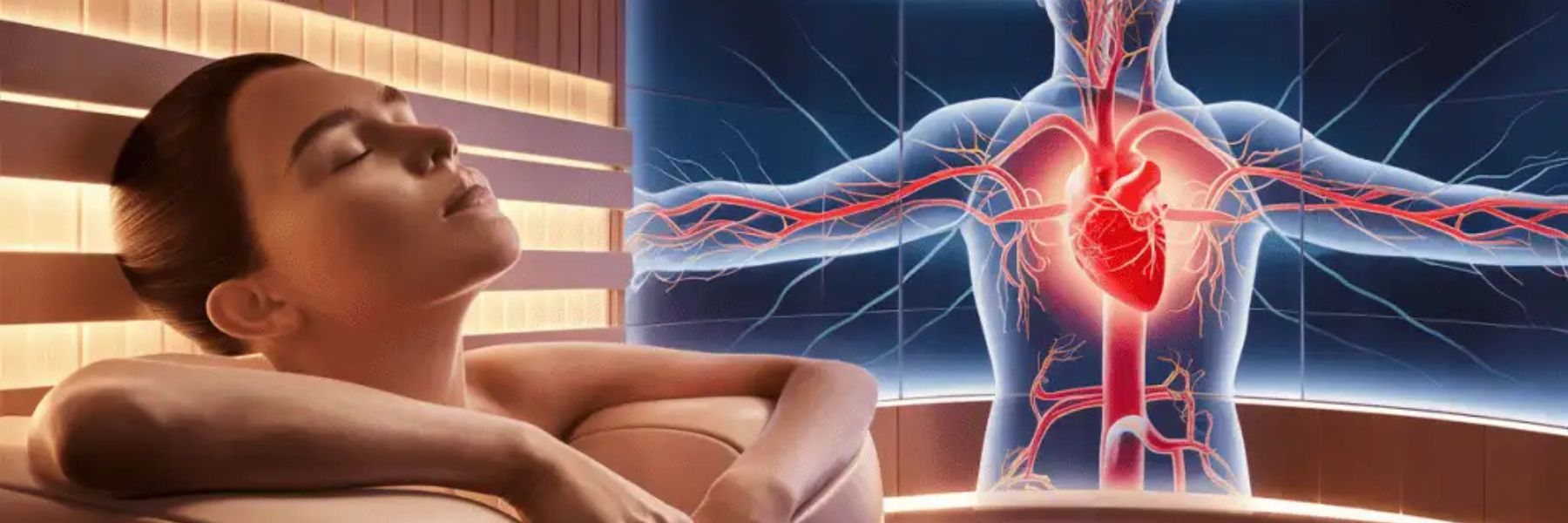 Woman in infrared sauna with visual of circulatory system, showing how heat therapy supports blood flow and heart health