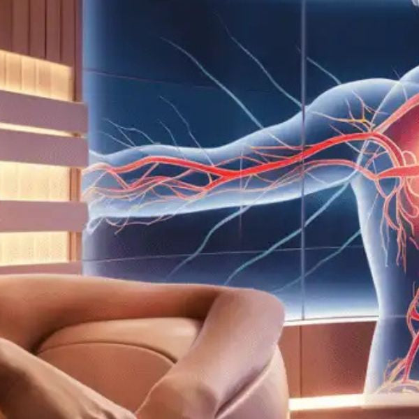 Woman in infrared sauna with visual of circulatory system, showing how heat therapy supports blood flow and heart health