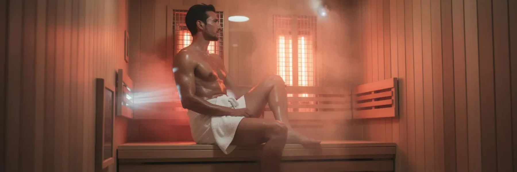 Man sitting in infrared sauna with steam and heat, illustrating sweating, detoxification, and recovery benefits