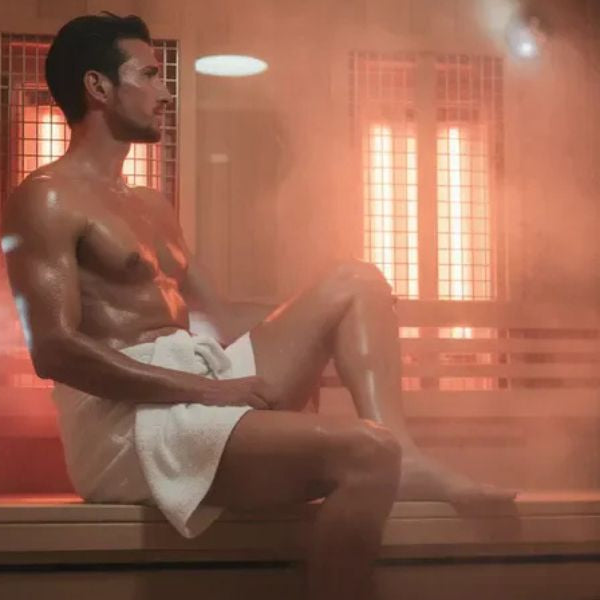 Man sitting in infrared sauna with steam and heat, illustrating sweating, detoxification, and recovery benefits