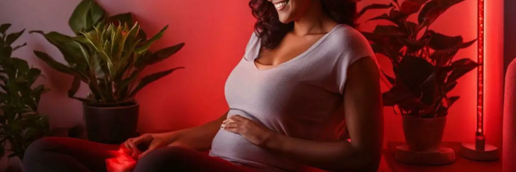 Pregnant woman using red light therapy at home, exploring potential fertility and prenatal wellness support