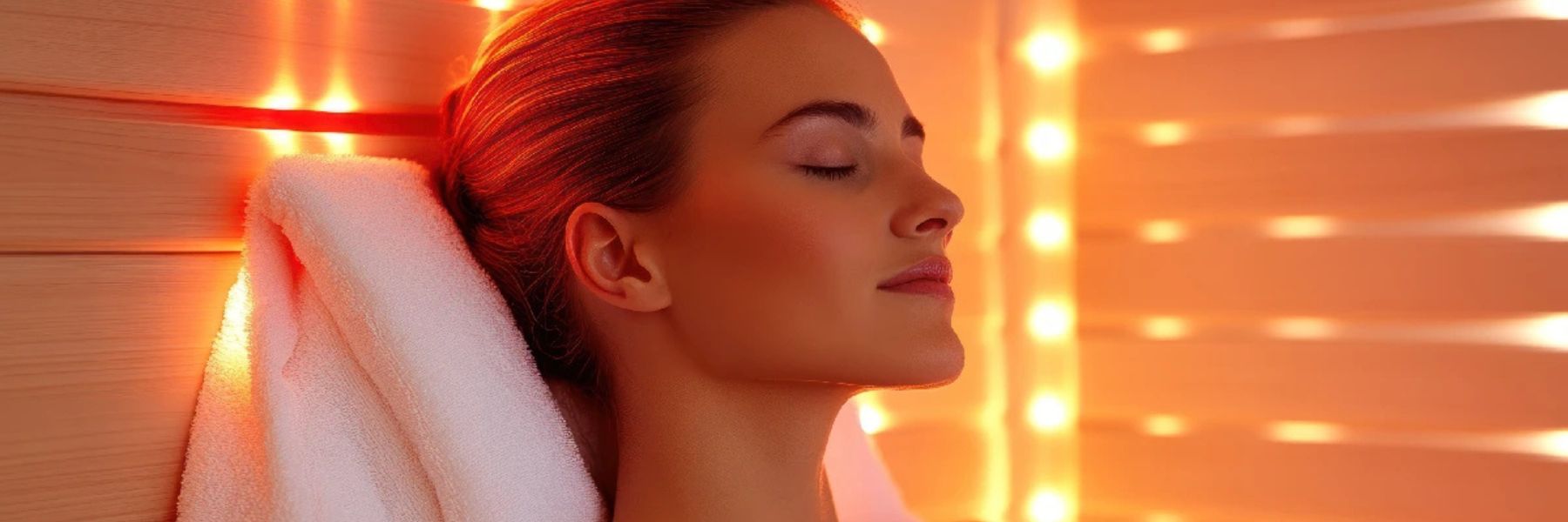 Woman resting in infrared sauna with red light therapy, highlighting relaxation and digestive health support