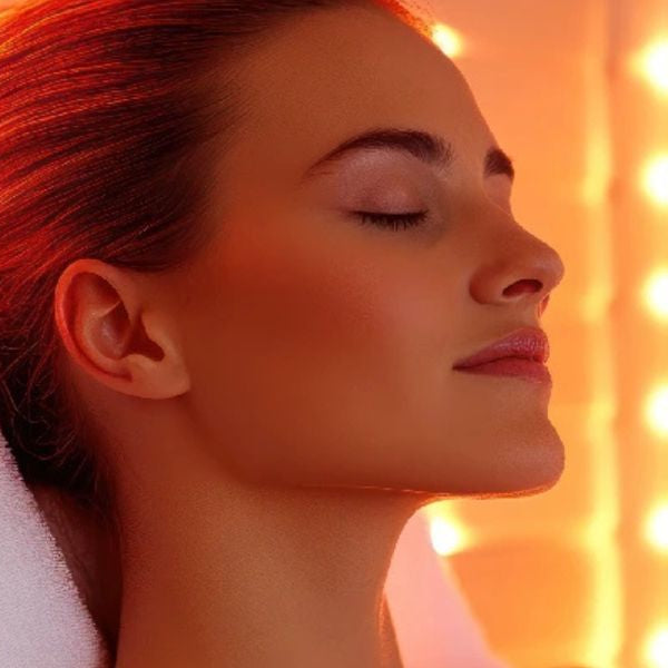 Woman resting in infrared sauna with red light therapy, highlighting relaxation and digestive health support