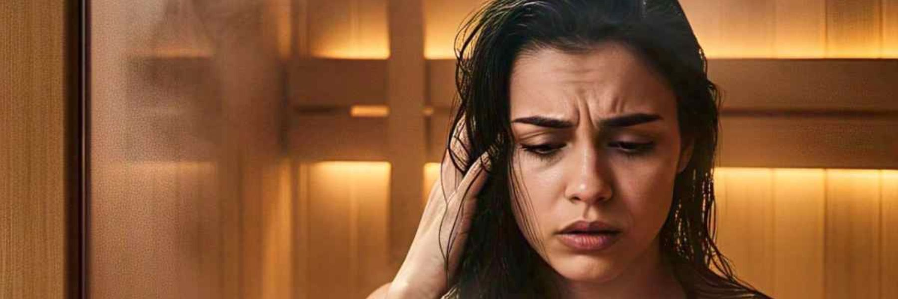 Woman in sauna looking concerned, illustrating potential hair loss or scalp issues related to heat exposure