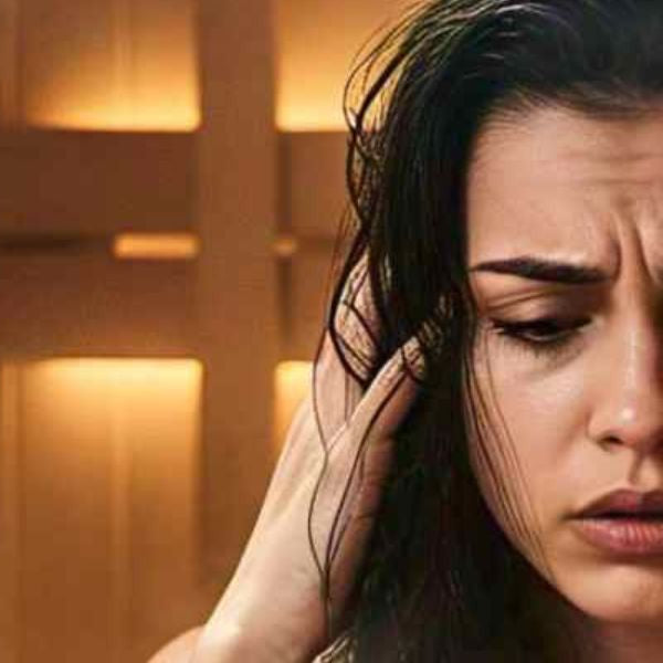 Woman in sauna looking concerned, illustrating potential hair loss or scalp issues related to heat exposure