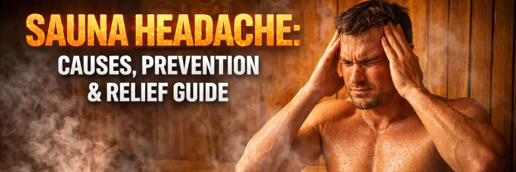 Man holding head in sauna with headline about sauna headaches, causes, prevention and relief