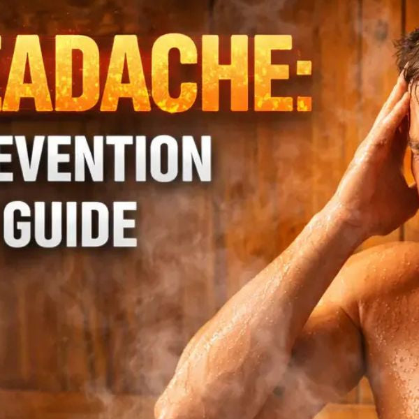 Man holding head in sauna with headline about sauna headaches, causes, prevention and relief
