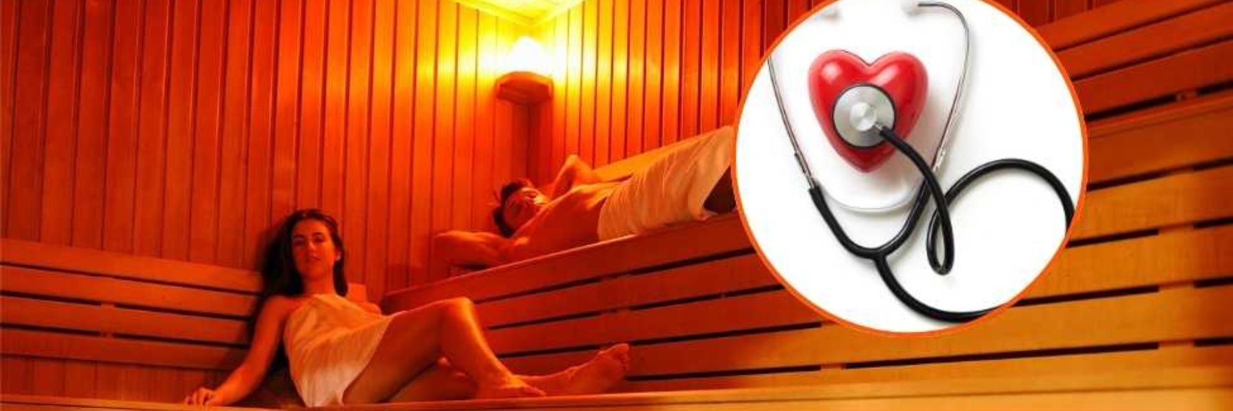 Couple relaxing in sauna with heart health concept, illustrating cardiovascular benefits of heat therapy