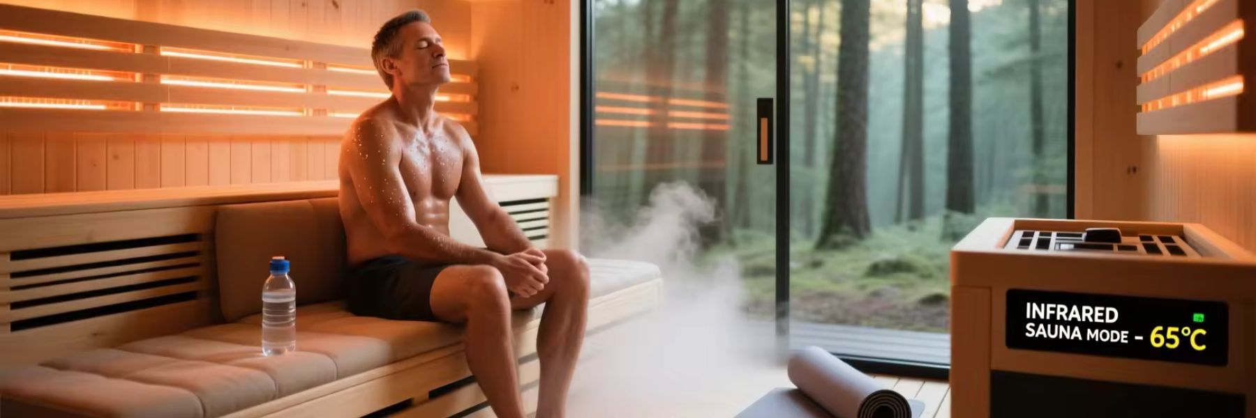 Man relaxing in infrared sauna at 65°C with heat panels, highlighting detox, hydration, and kidney health support