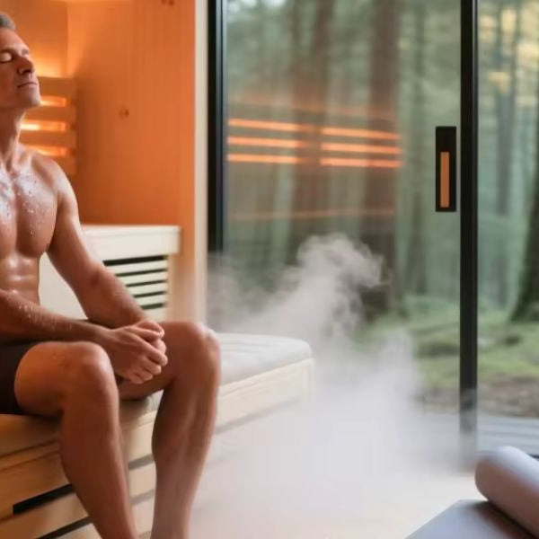 Man relaxing in infrared sauna at 65°C with heat panels, highlighting detox, hydration, and kidney health support