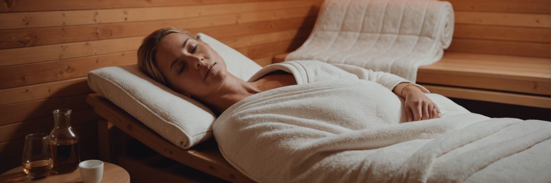 Woman lying in infrared sauna wrapped in towel, showing deep relaxation and stress relief therapy