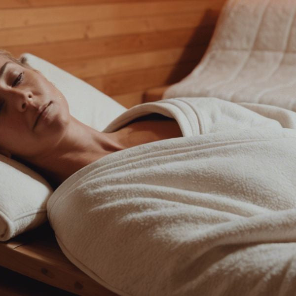 Woman lying in infrared sauna wrapped in towel, showing deep relaxation and stress relief therapy