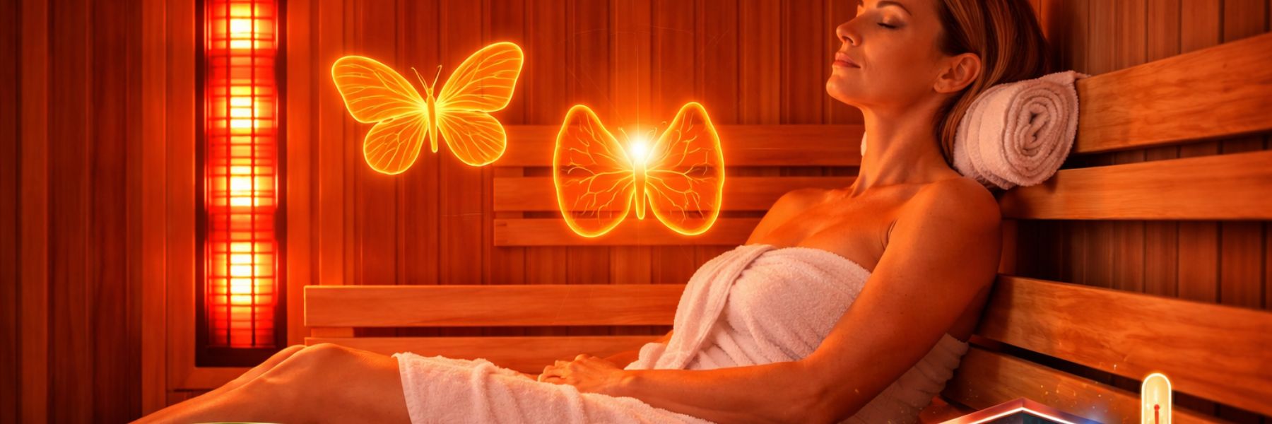 Woman relaxing in infrared sauna with thyroid and hormone illustration, representing potential endocrine and thyroid support