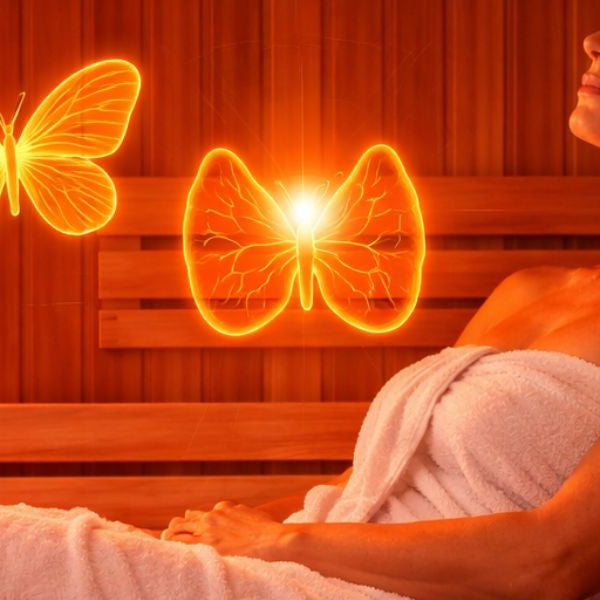 Woman relaxing in infrared sauna with thyroid and hormone illustration, representing potential endocrine and thyroid support