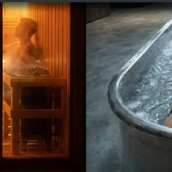 Cold plunge vs sauna comparison with person in ice bath and sauna session, highlighting contrast therapy benefits