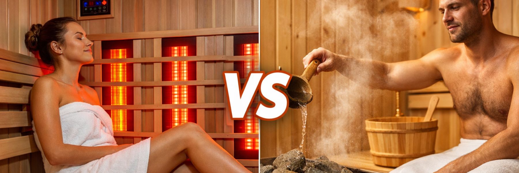 Infrared sauna vs dry sauna comparison showing infrared heat panels vs traditional heated stone sauna setup