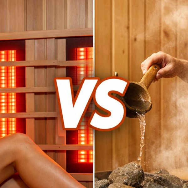 Infrared sauna vs dry sauna comparison showing infrared heat panels vs traditional heated stone sauna setup