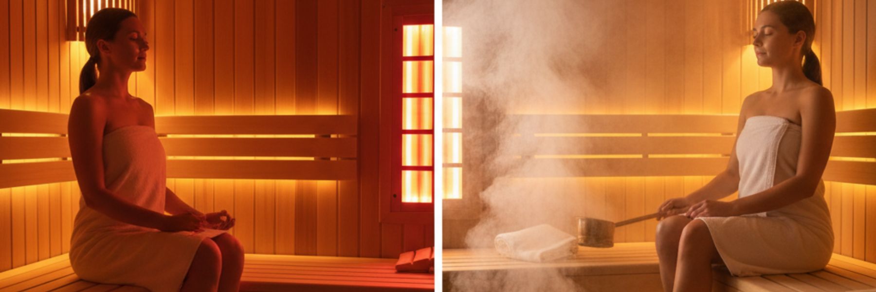 Infrared sauna vs traditional steam sauna comparison showing dry heat vs humid heat experience
