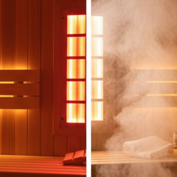 Infrared sauna vs traditional steam sauna comparison showing dry heat vs humid heat experience