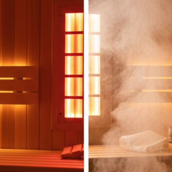 Infrared sauna vs steam sauna side by side showing dry heat panels versus traditional steam and heated stones