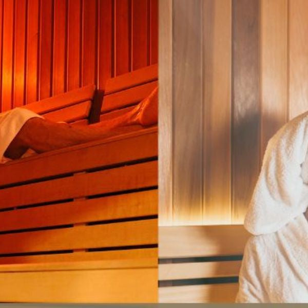 Infrared vs traditional sauna comparison with people relaxing in dry heat cabin and classic wooden sauna room