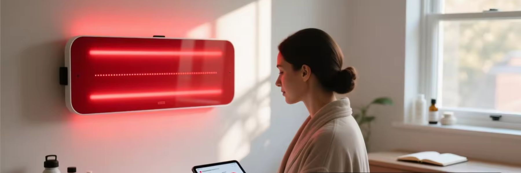 Woman using home red light therapy panel, exploring whether red light therapy is worth it for daily wellness