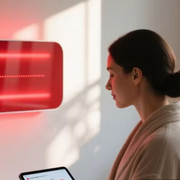 Woman using home red light therapy panel, exploring whether red light therapy is worth it for daily wellness