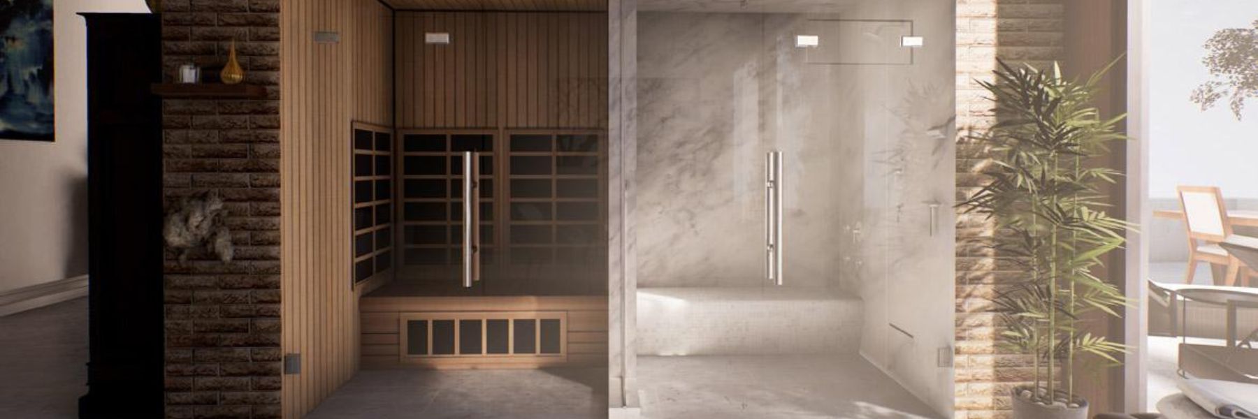 Modern home wellness setup featuring infrared sauna cabin beside a glass steam shower room