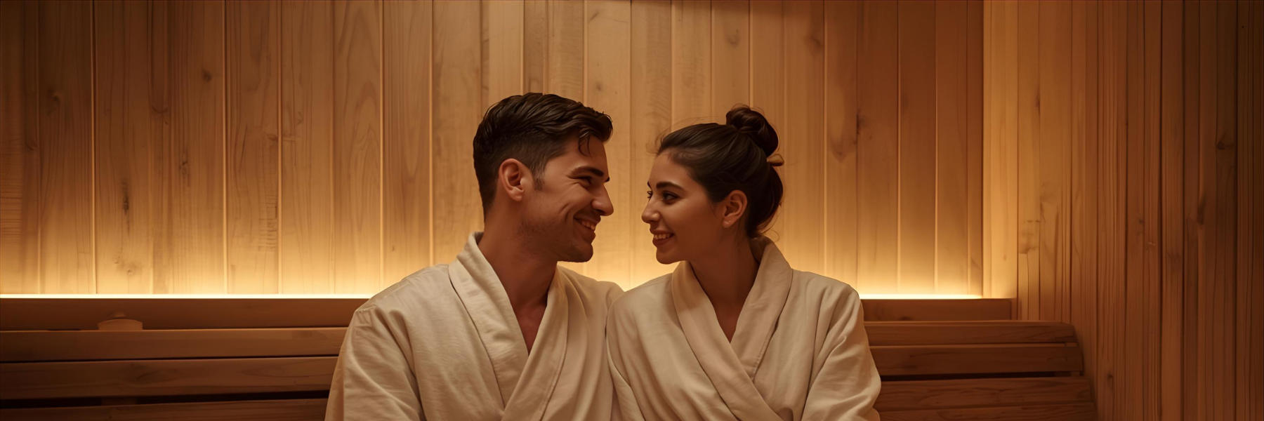 Man and woman in white robes sitting in a sauna