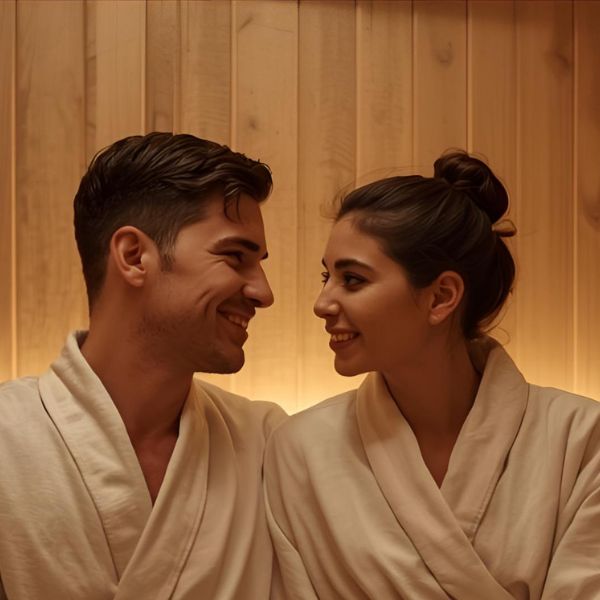 Man and woman in white robes sitting in a sauna
