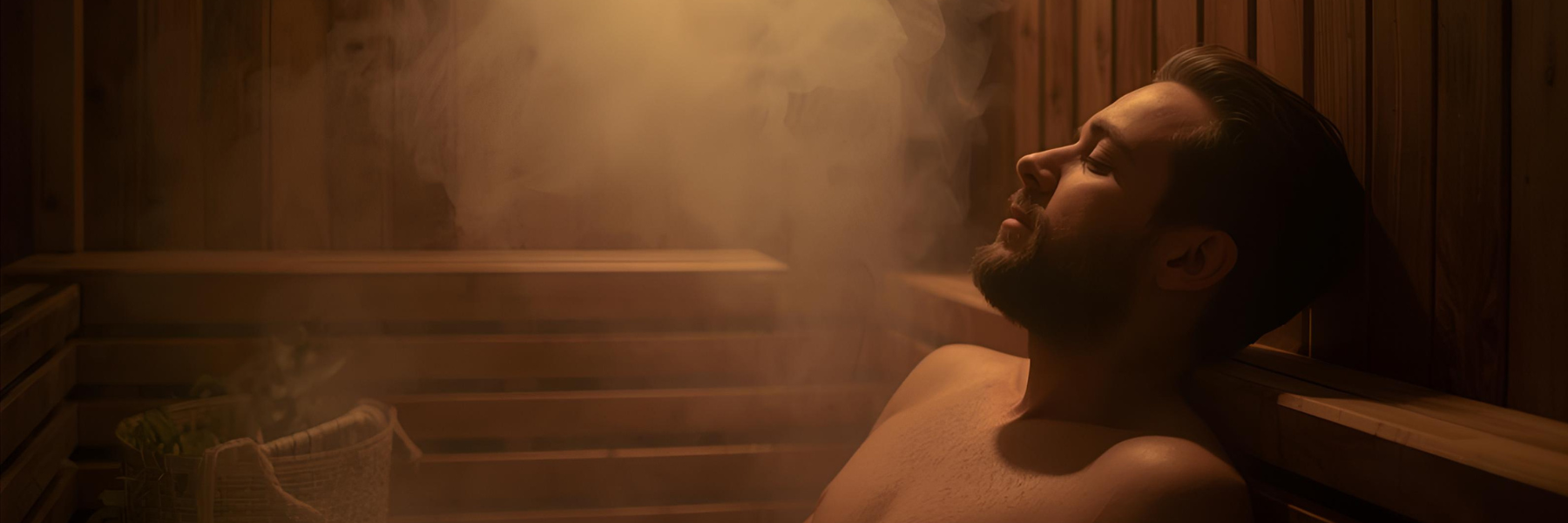 Man relaxing in a steam room with warm lighting