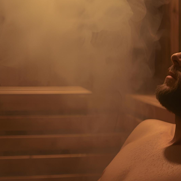 Man relaxing in a steam room with warm lighting