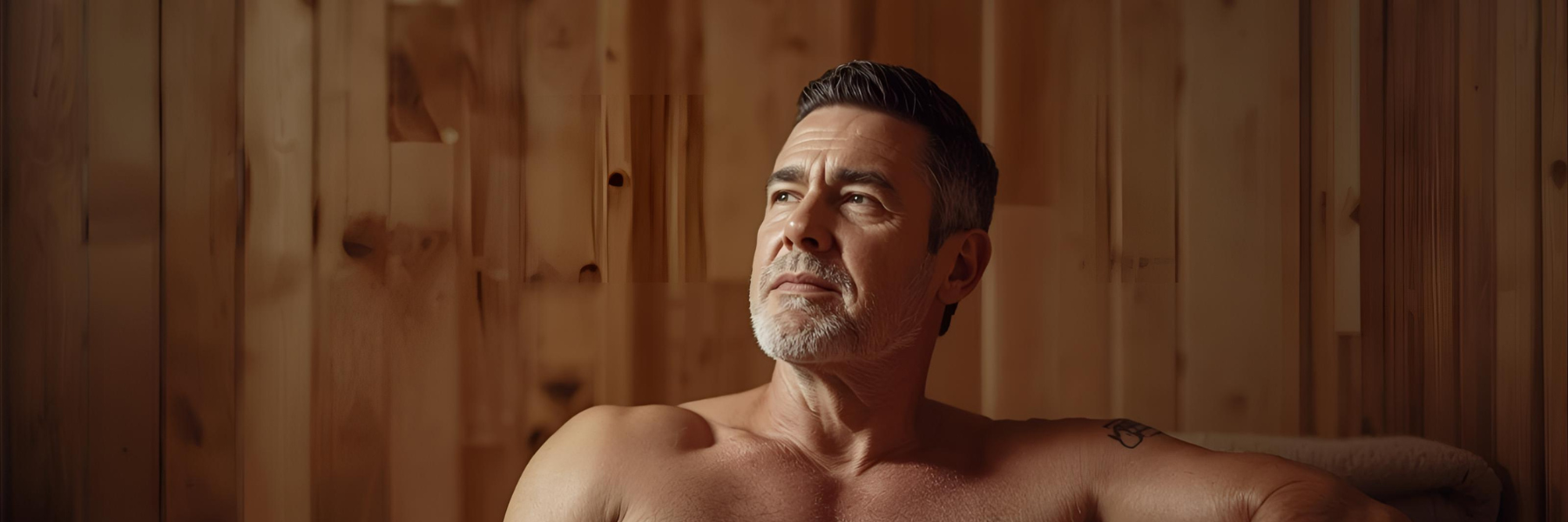 Man sitting in a wooden sauna with a warm, brownish glow
