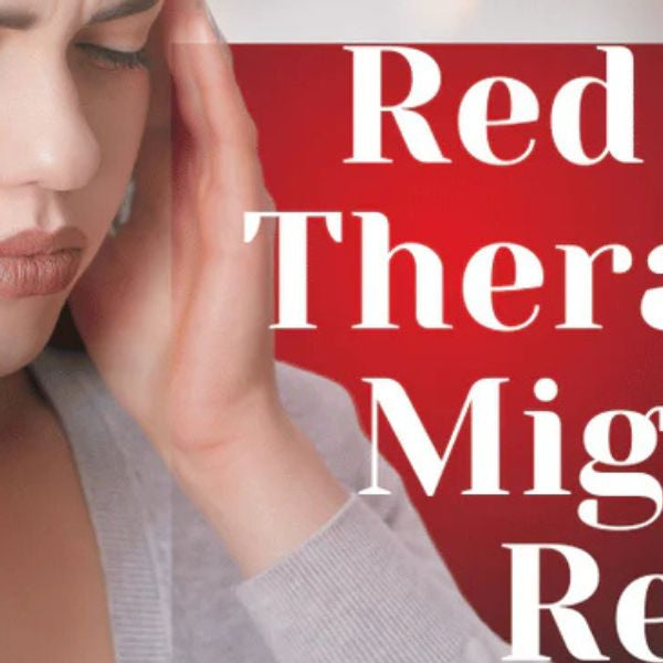Woman experiencing migraine headache with text overlay about red light therapy for migraine relief