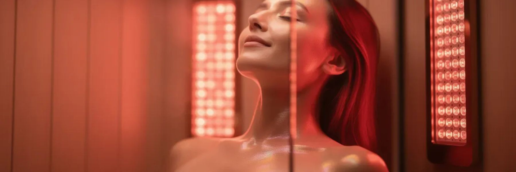 Woman enjoying red light therapy in infrared sauna, supporting skin healing and sunburn recovery