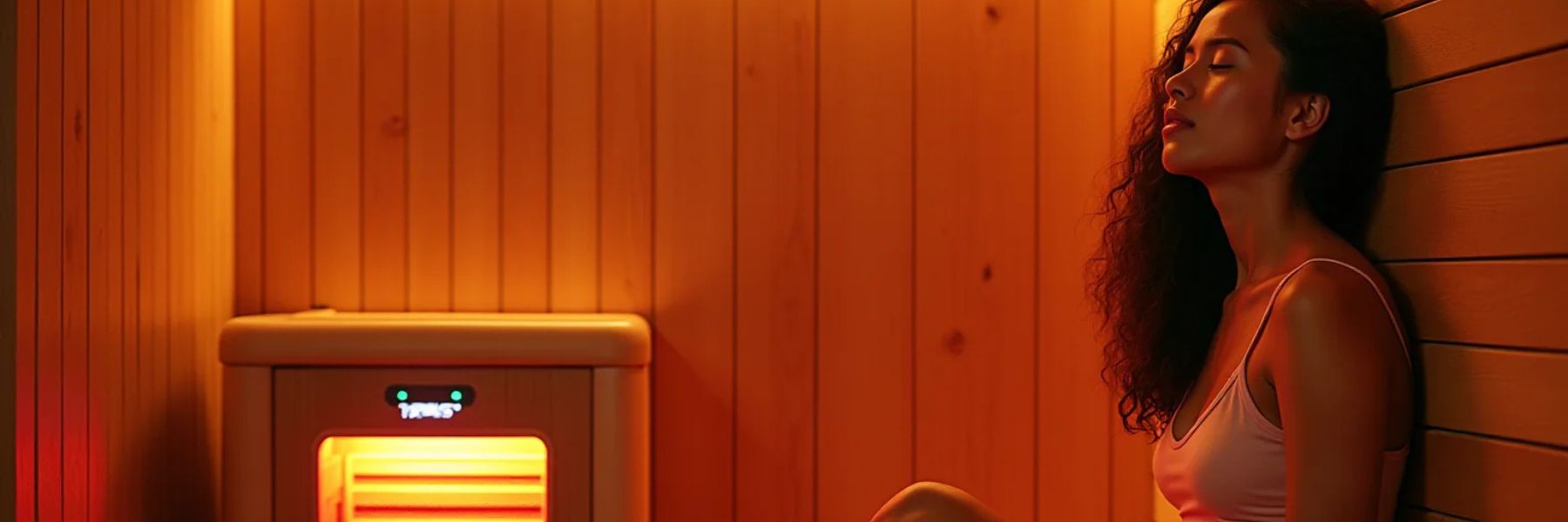 Woman relaxing in infrared sauna with red light therapy heater, supporting daily wellness routine
