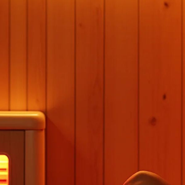 Woman relaxing in infrared sauna with red light therapy heater, supporting daily wellness routine