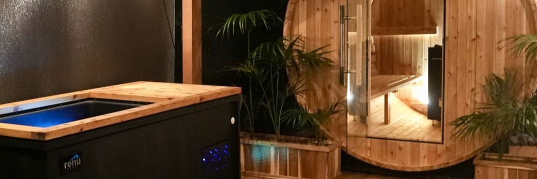 Home wellness setup with outdoor barrel sauna and cold plunge tub, showcasing contrast therapy routine