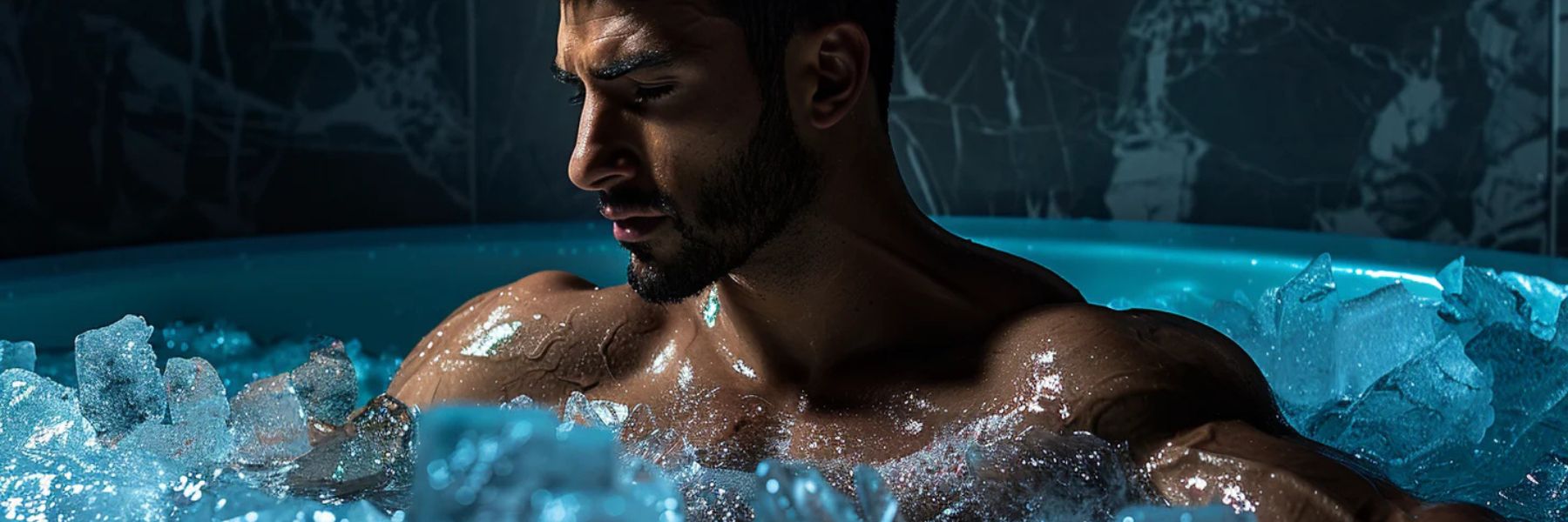 Man sitting in ice bath with cold water and ice cubes, demonstrating cold plunge therapy for muscle recovery