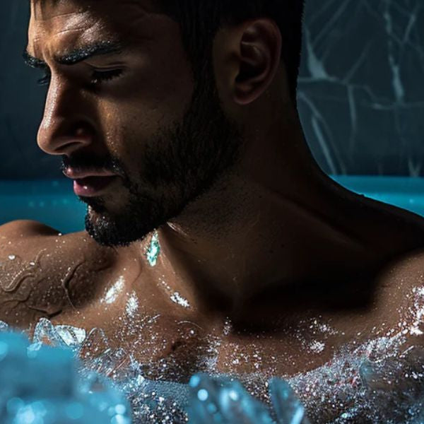 Man sitting in ice bath with cold water and ice cubes, demonstrating cold plunge therapy for muscle recovery