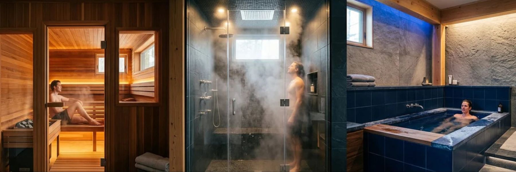Sauna, steam shower, and ice bath comparison showing different heat and cold therapy wellness experiences