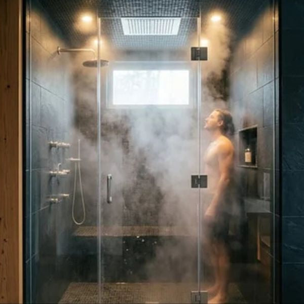 Sauna, steam shower, and ice bath comparison showing different heat and cold therapy wellness experiences