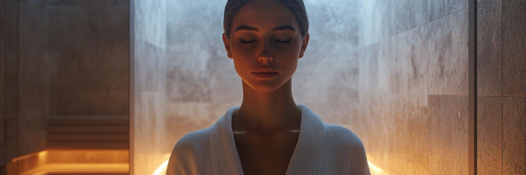 Woman relaxing in steam room with warm mist supporting wellness and therapeutic health benefits