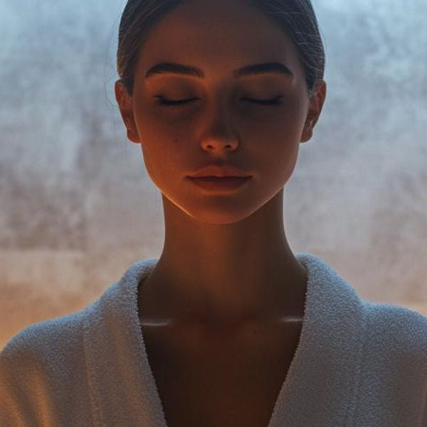 Woman relaxing in steam room with warm mist supporting wellness and therapeutic health benefits