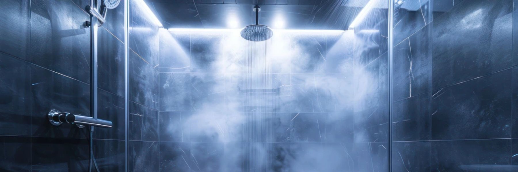 Contemporary steam shower with glass enclosure and rainfall head producing relaxing steam
