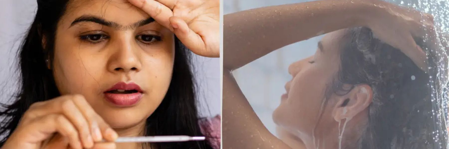 Woman checking temperature and taking a warm shower to relieve symptoms while sick
