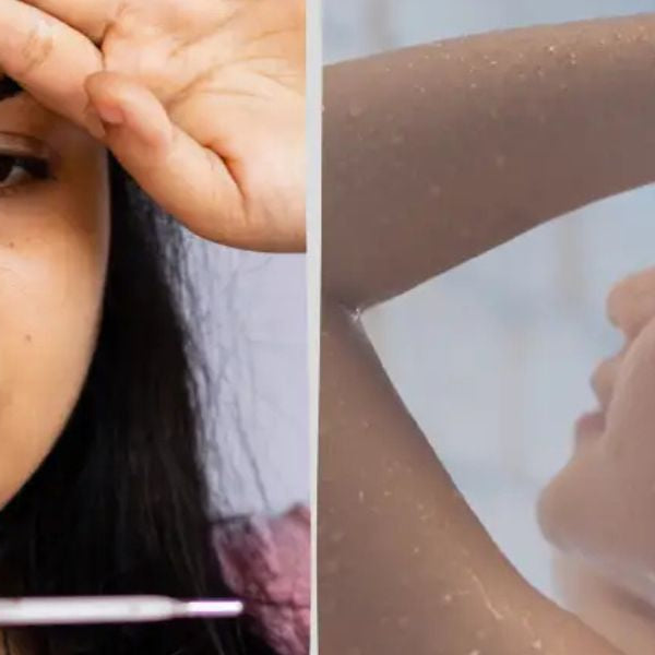 Woman checking temperature and taking a warm shower to relieve symptoms while sick