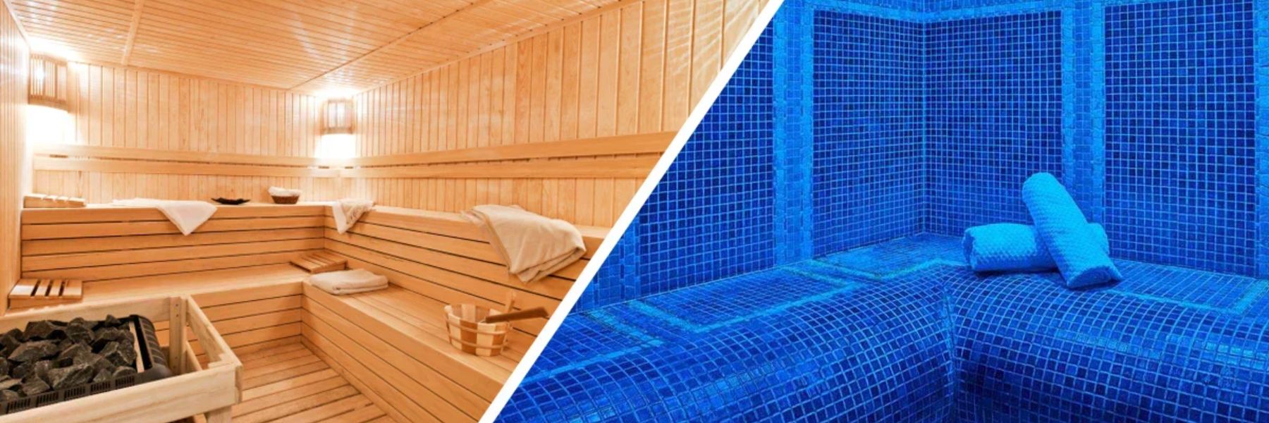 Side-by-side sauna and steam room units in modern spa showing contrast between dry heat and steam