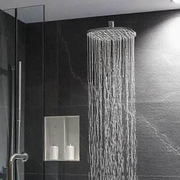 Luxury rainfall shower head in modern bathroom showcasing premium steam shower design
